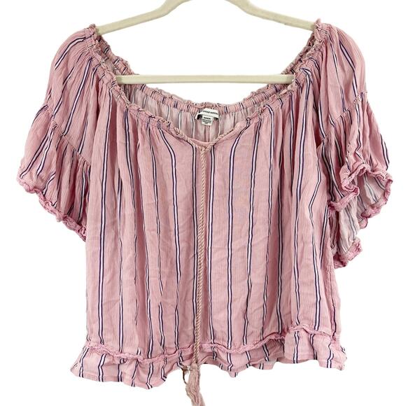 American Eagle Outfitters Tops - American Eagle M Pink Stripe Boho Off Shoulder Short Sleeve Babydoll Blouse